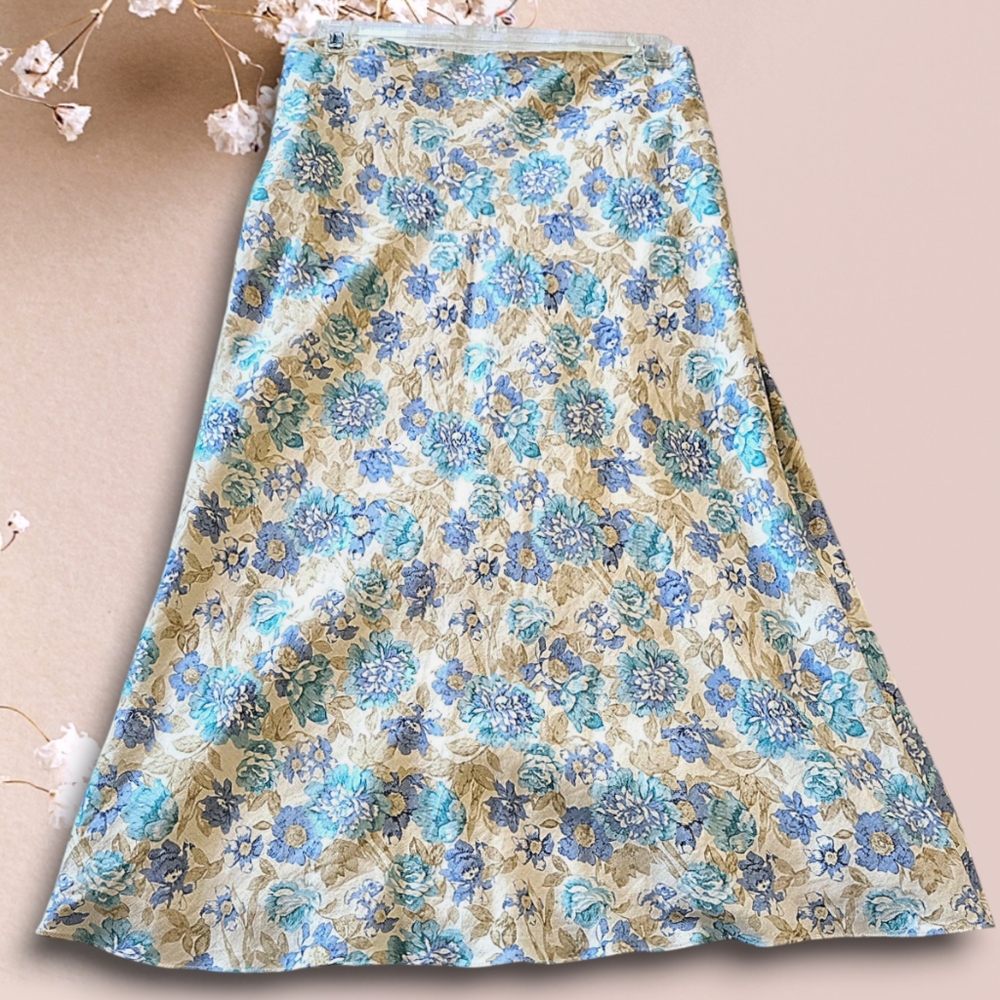 Linen Skirt, Pale Gold & Blue Floral Midi, Shabby Casual Cottagecore Coquette